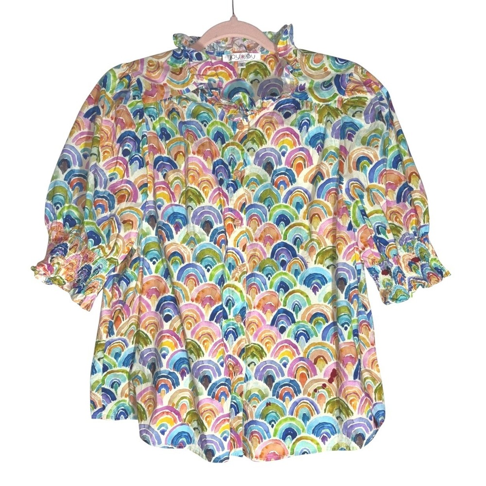 JOY JOY Rainbow Candy Colors Novelty Print Puff Sleeve Swing Top 100% Cotton! XL